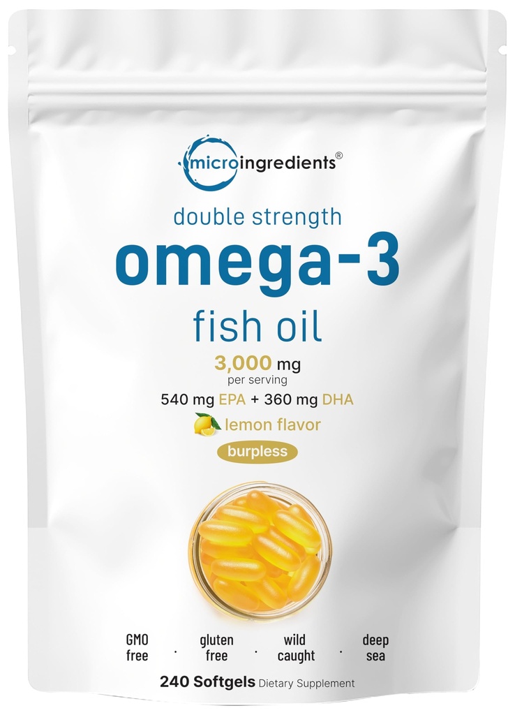 Micro Ingreations Omega 3 Fish Oil Suplemen 3.000mg Per Serving, 240 Softgels 14; Lemon Flavored - Burpless 124; EPA 540mg + DHA 360mg 124; Ikan Laut Dalam