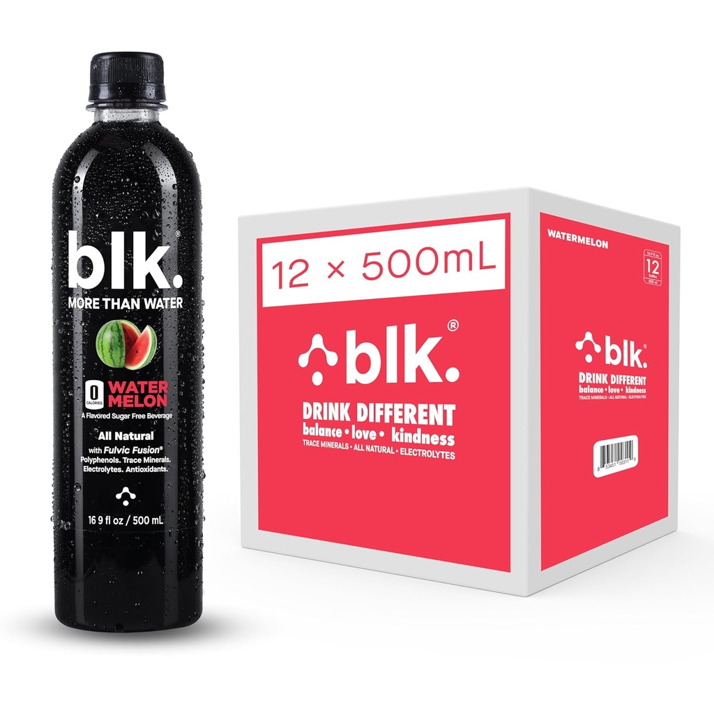 BLK. Natural Mineral Alkali Water, Watermelon, 500 mL Pack of 12, 8 PH Water, Bioavailable Fulvic & Humic Actract, Trace Mintrolites, Electrolite to Hydrate, Repair & Restore Cells