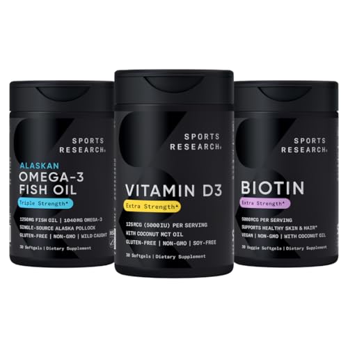 Penelitian Olahraga Triple Power Omega 3 Burpless Fish Oil 1250mg dari Wild Alaska Pollock, Vitamin D3 5000 IU dengan Coconut MCT Oil (125mcg) dan Vegan Biotin 5000mcg Vitamin B7- 30 Softgels Masing-masing
