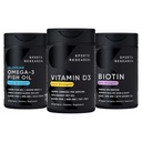 Penelitian Olahraga Triple Power Omega 3 Burpless Fish Oil 1250mg dari Wild Alaska Pollock, Vitamin D3 5000 IU dengan Coconut MCT Oil (125mcg) dan Vegan Biotin 5000mcg Vitamin B7- 30 Softgels Masing-masing
