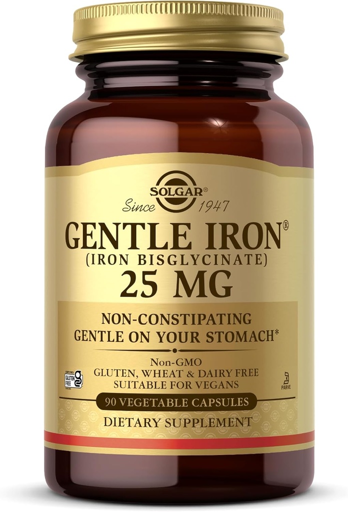 Solgar Gentle Iron (Iron Bisglycinate) 25 mg - 90 Vegetable Capsules - Non-Constipating, Lembut pada Perut Anda - Gluten Bebas - 90 Hamba