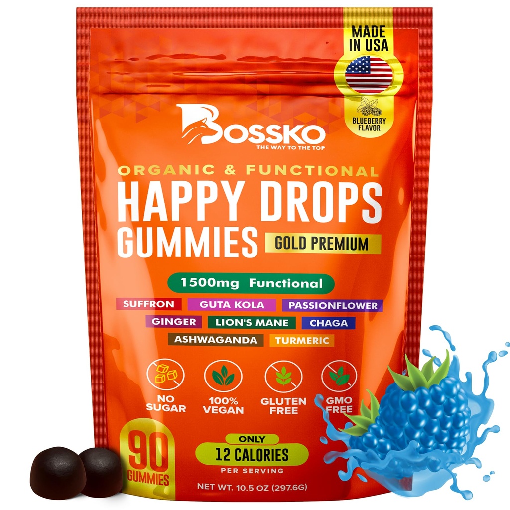 Happy Drops - Daily Superfood Gummies for Mood Dups, Focus and Energy - Sugar- Free, Vegan, Blueberry Flavor - 90 Gummies for Dewasa - Bantuan harian untuk Mood, Fokus dan Natural Energy