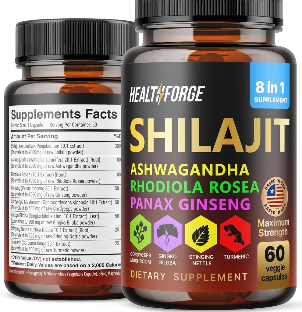 Shilajit Capsules Organic Extract Blast 60 Capsules for Men & Women - Shilajit Suplemen 9000mg Ashwagandha, Imune Support 2000mg Rhodiola Suplemen, Ginko Ginkgo Biloba