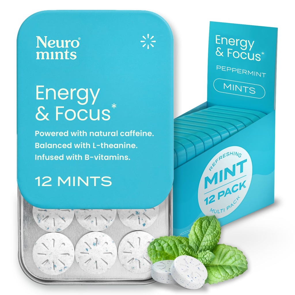 Mints Kafein Energi NeurroGum (144 Potongan) - Gula Bebas dengan L-theanine + Natural Caffein B12 & B6 - Nootropic Energy & Focus Suplemen Perempuan & Pria - Keto & Vegan, Peppermint Flavor