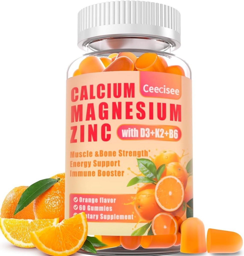 Kalsium Magnesium Zinc Gummies dengan D3 & B6 & K2.1000mg Calcium Gummies dengan 300mg Magnesium Dukung Energi Immune dan Teens, Sugar Free (60 Count)