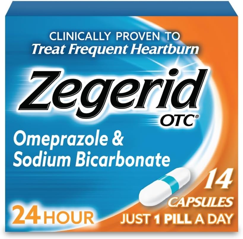 Zegerid OTC 24- Hour Heartburn Relief, The Only Proton Pump Inhibitor with Omeprazole 20mg + Sodium Bicarbonate, Treats Freedburn, 14ct Capsules