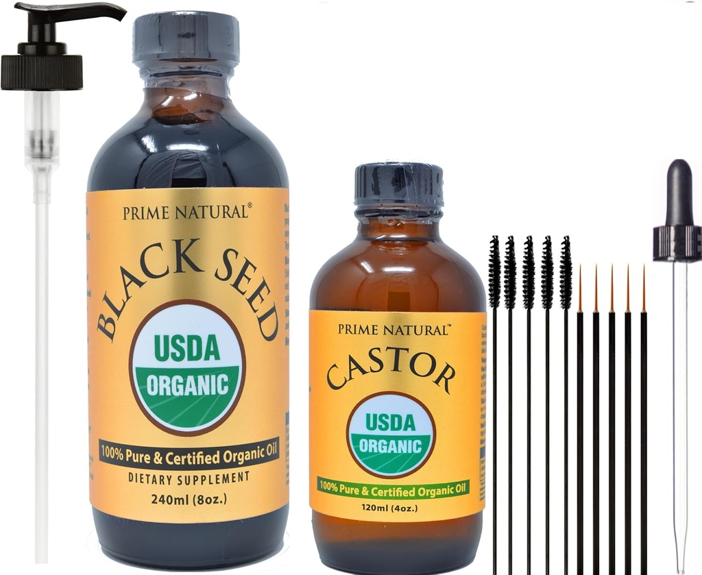 PRIME Natural Organic Black Seed Oil & Organic Castor Oil - 2 Oil Bundle - USDA Disertifikasi - Dingin Menekan, Virgin, Tidak halus, Vegan, Non- GMO, Tidak Ada Pengawet
