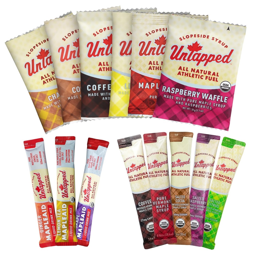 Untapped Sample Pack - 14 Individually Wrapped Packets 12.4; Includes All-Natural Maple Syrup, Vegan Stroopwafel & Hdration Mixes = 124; Disertakan Pack for Sustamed Energy & Recovery 124; USDA Organik Sertifikasi