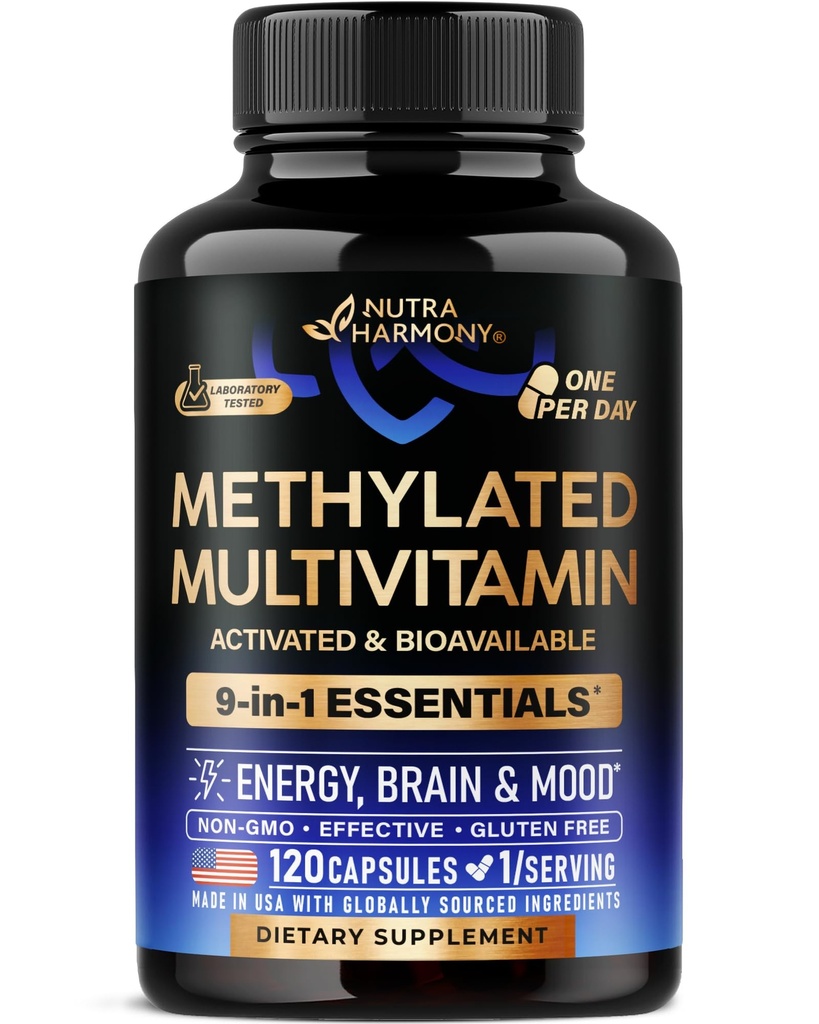 Metode Multivitamin - B2, B6, 5-MTHF & B12; Antioksidan C & E 124; Vitamin D3 & K2 - untuk Pria & Perempuan - 9- 1 MTHFR Tambahan TMG - Energi, Otak & Mood - Vegan - Dibuat di AS - 120 Kapsul
