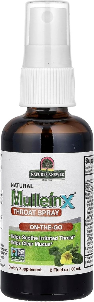 Mullein-X Throat Spray 2 Fluid Ounce 124; On The Go Naslu4; Soothes Throat 14; Clears Mucus 124; Gluten Free, Non GMO, Vegetarian 124; Natural Peppermint Flavor