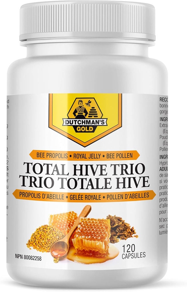 Gold Total Hive Trio Capsules dari Belanda - 120 Veg Caps Sekitar 30- 60 Pelayan - Bee Pollen Royal Jelly & Propolis - Superfoods for Antiokidant Ammune Support - Natural Honey Mix
