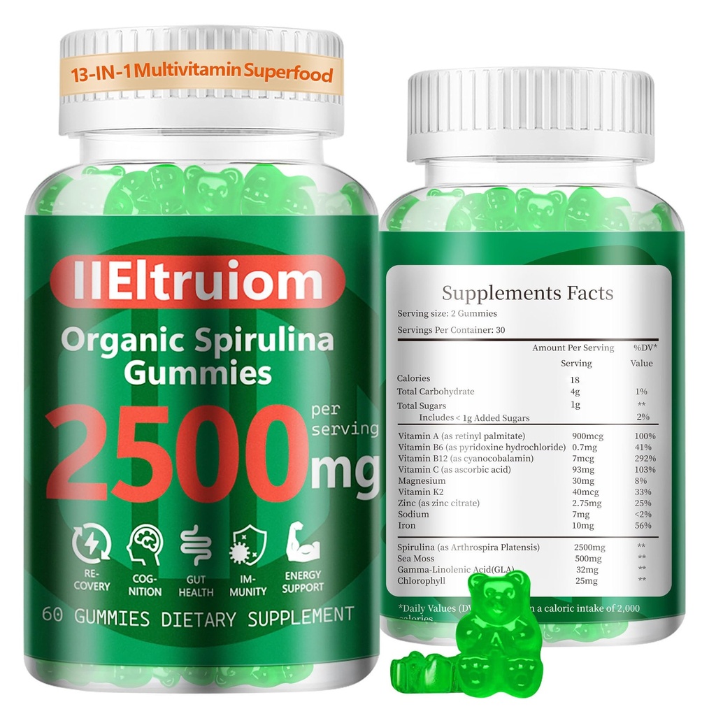 Grafik Blue Spirulina Chlorella Gummies, 13- 1 Super Greens & Superfood, Spirulina Enhanced Daily Energy dengan Moss Laut, Klorophyll, GLA, Gluten Free, 60 Vegan Gummies