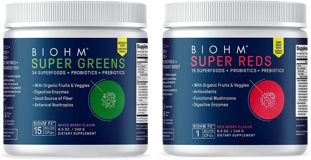 BIOHM Super Reds dan Hijau Bundle, Superfood powder dengan Proposer dan Digetical Enzymes, dikemas dengan Antioksidants dan Polyphenol, Allergen Bebas, Non- GMO, Vegan - 30 Pelayan Masing-masing
