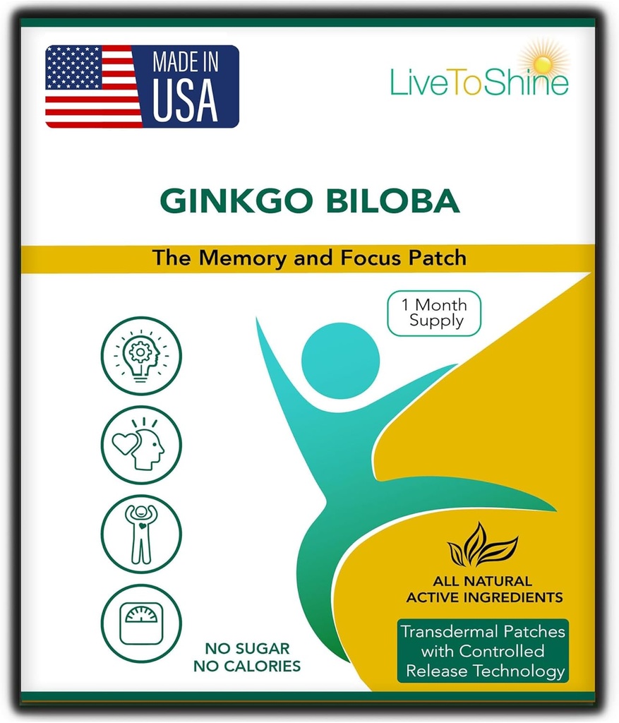 Live To Shine Ginkgo Biloba Patch - 30 Gingko Transdermal Patch - Satu Bulan Supply untuk Perempuan dan Pria - Amerika Serikat Dibuat