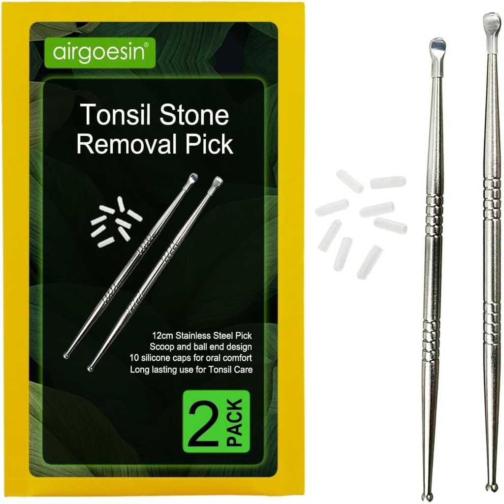 Airgoesin 2pcs Tonsil Stone Removal Pick Tonsillonith Premium Tool Steel Oral Cleaner dengan 10 Soft Silicone Caps