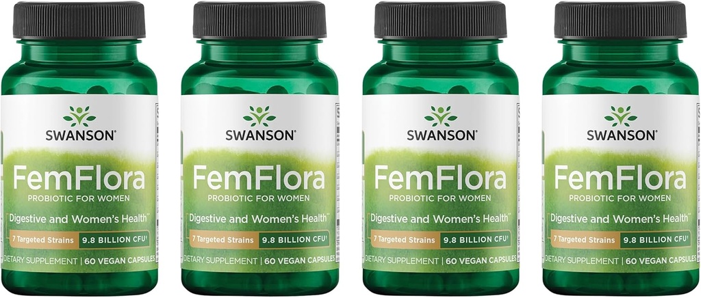 Swanson FemFlora - Feminin Probiotic Supplement Suplemen Flora of The Mouth, GI Tract, dan Vagina - Progories for Women with 9 Milyar CFU Per Capsule - (60 Capsules) (4 Pack)