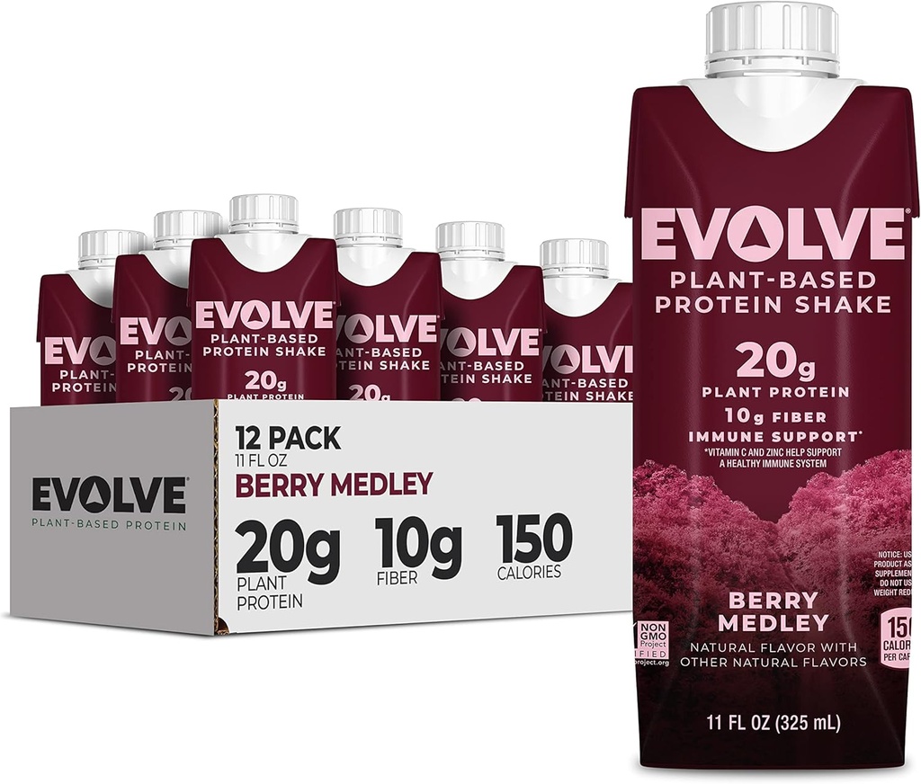 Evolve Plant Based Protein, Berry Medley, 20g Vegan Protein, Imune Dukung, Vitamin C & Zinc, Dairy Free, No Articial Sweeteners, Non- GMO, 10g Fiber, 11oz, (Formula May Vary)
