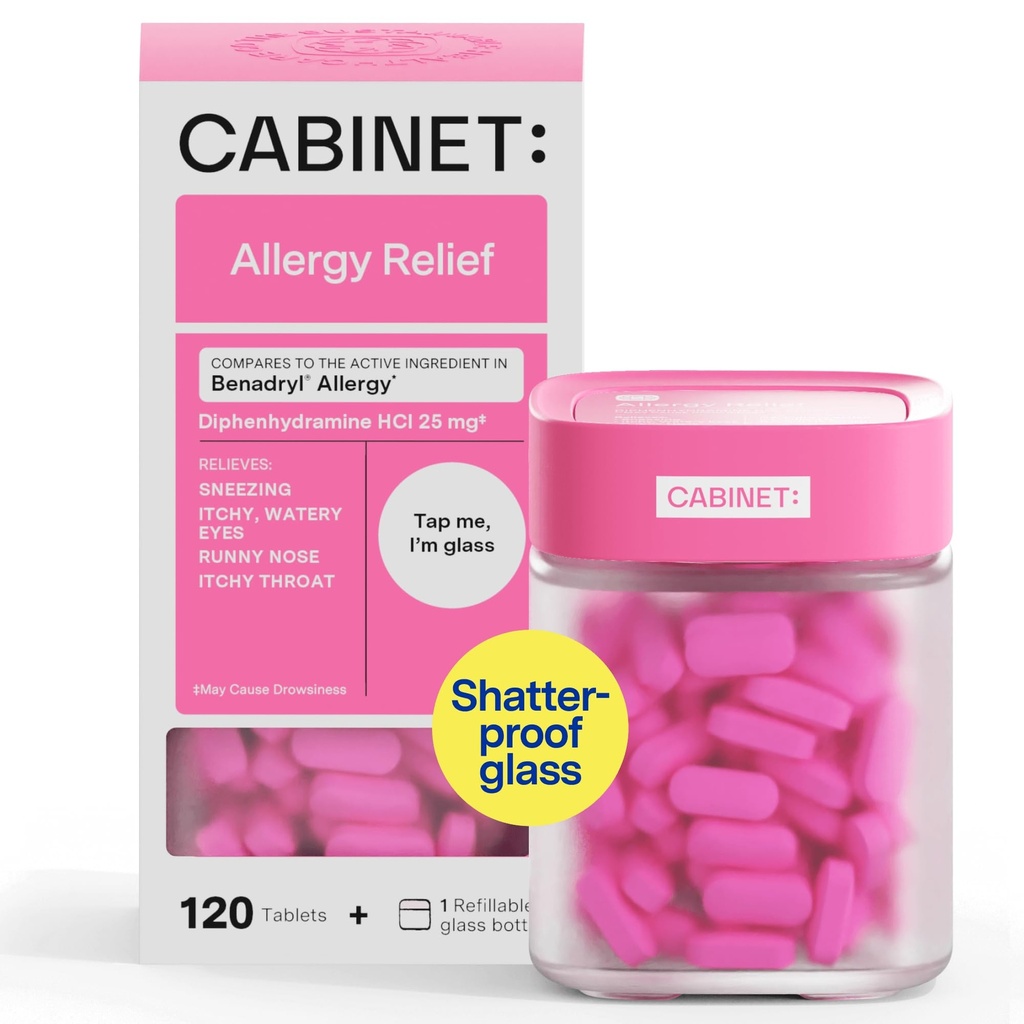Diphenhydramine 25mg Relief Antihistamin Tablet untuk Allergies, Hay Fever, dan Runny Nose, 120 Tablet (Refilable Glass Bottle)