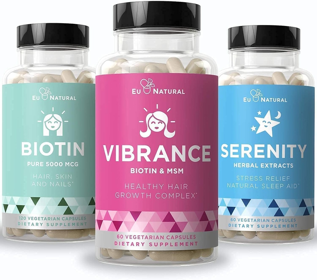 Eu Natural Beauty Bundle - Vibrance Bundle with Biotin & Serenity for Healthy Hair Growth, Stronger Nails, Glowing Skin