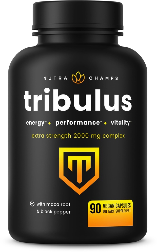 NutraChamps Tribulus Terrestris untuk Pria, 2000mg Tambahan Booster Energi, Vitalitas, Stamina & Performance, Ekstra Kekuatan Saponins, 90 Vegan Capsules