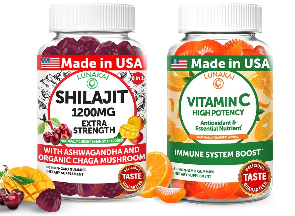 Lunakai USA Made Shilajit & Vitamin C Tinggi Potency Bundle - Energi dan Dukungan Imune - Non- GMO & Delicious