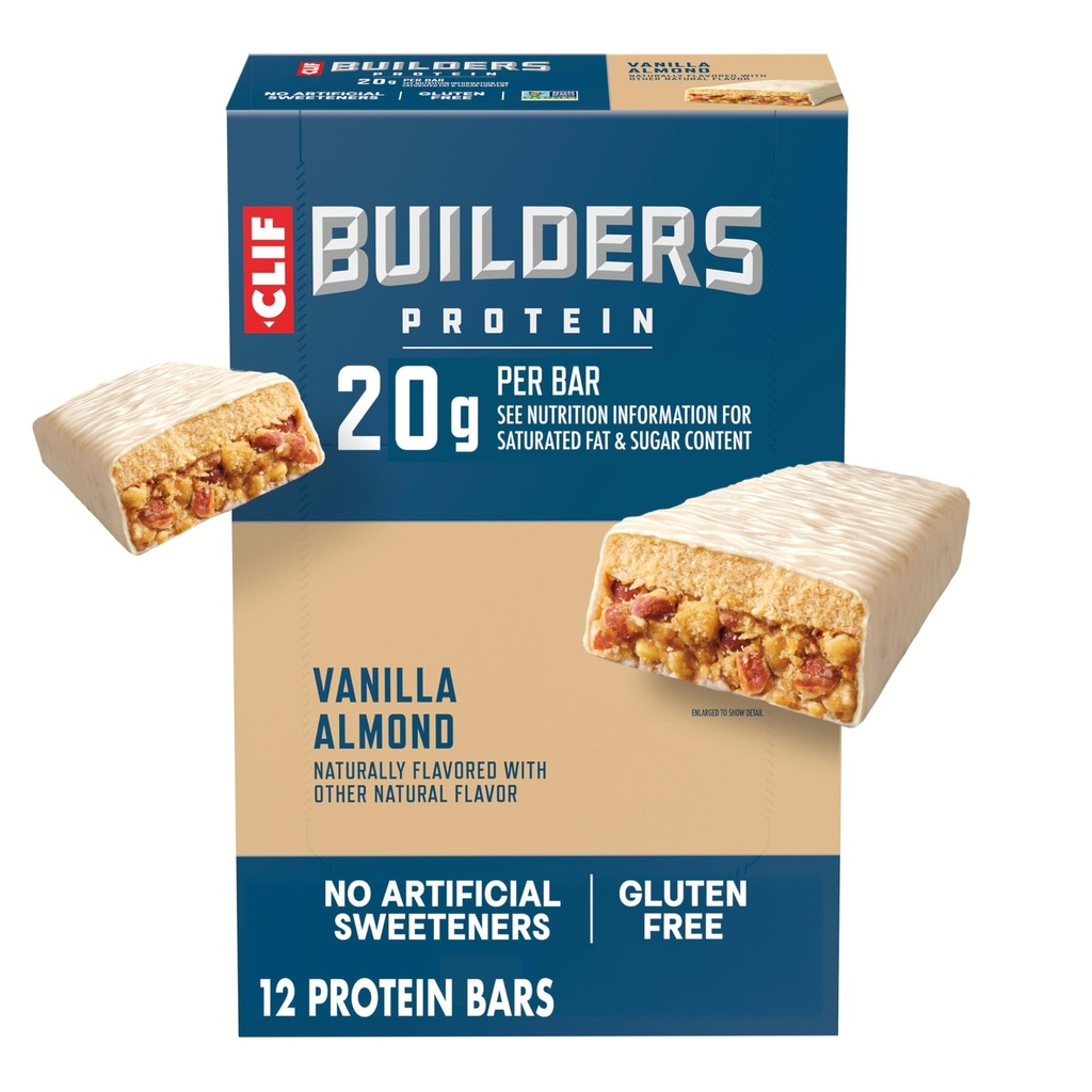 CLIF BUILDERS Protein Bars - Vanilla Almond Flavor - 20g Plant Based Protein - Gluten Free - Non-Glycemo - Tidak ada Manner Artificial - 2.4 oz. (12 Pack)