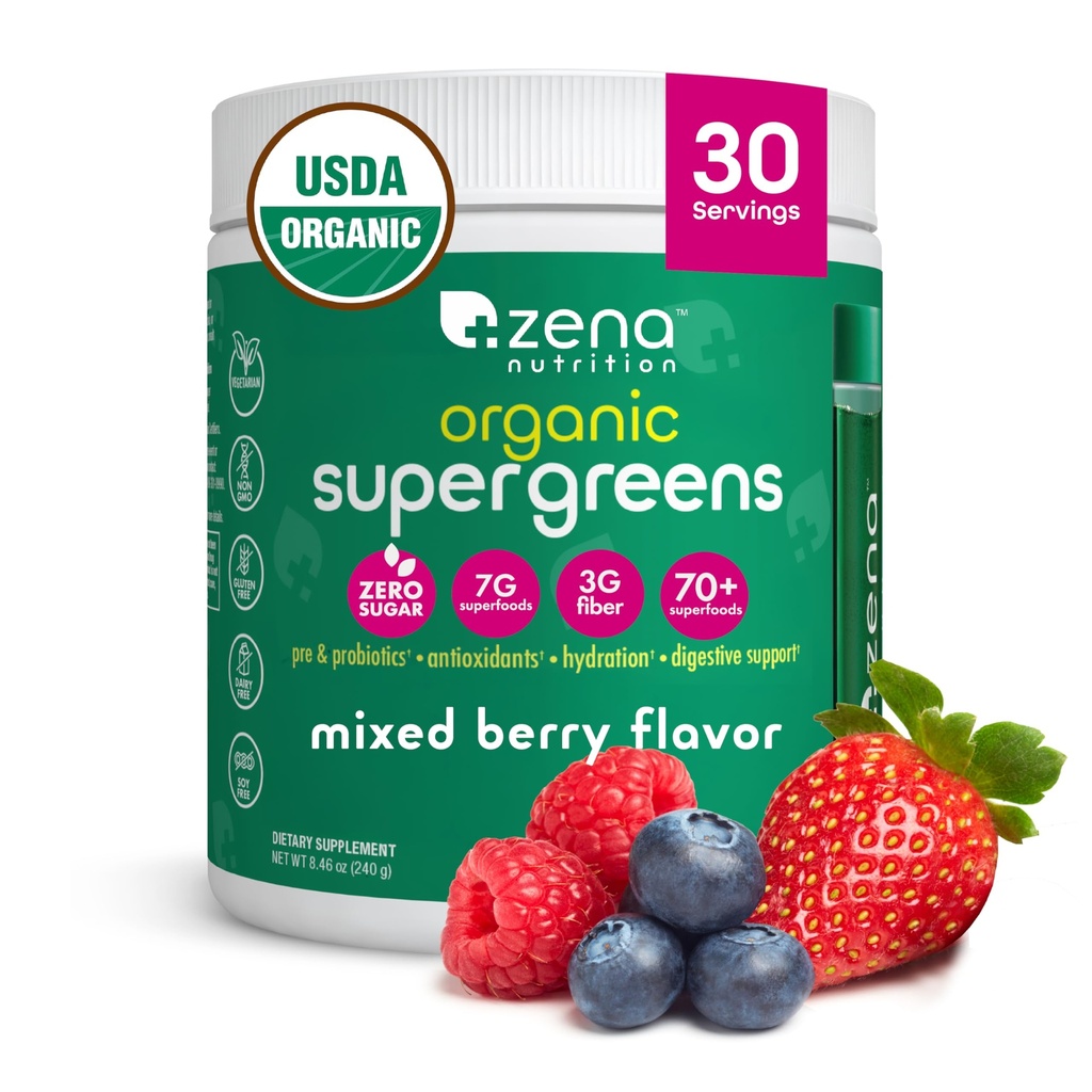 Zena Nutrition Organic Super Greens Powder, 70 + Superfood, 0 Sugar, 3G Fiber, Spirulina, Chlorella, Antioksidants, Preotic / Progories, Digetical Enzymes, Mixed Berry, 30 Servings