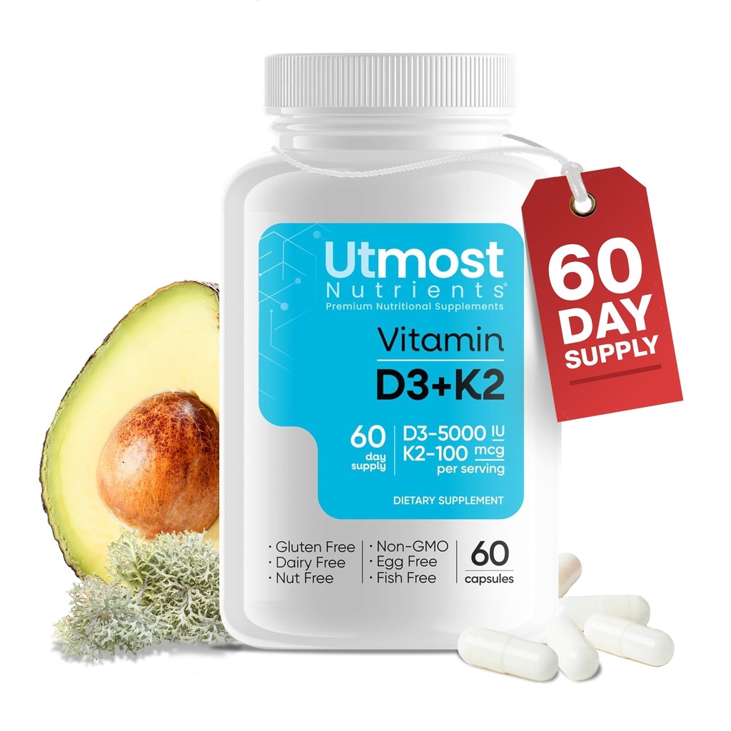 Vitamin D3 dengan K25000iu Vitamin D dan 100 mcg Vitamin K Tambahan dalam satu Capsule untuk Maximum Bioavabilitas - Enhances Calcium Absorpsi untuk Cardiovaskular, Imune dan Bone Health (60 Capsules)