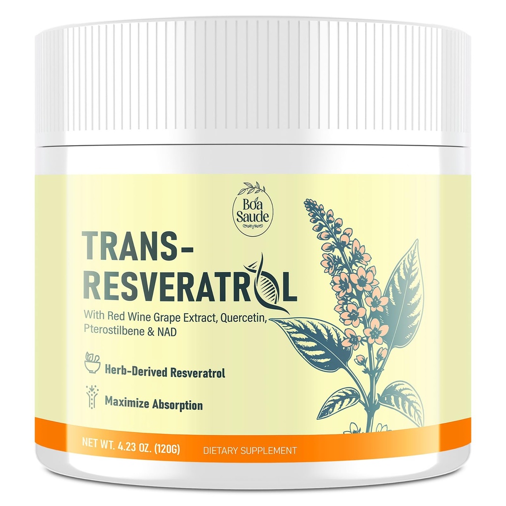 Trans- Resveratrol Powder Tambahan dengan Red Wine Extract, Quercetin, Pterostilbene & NAD, 4.23 OZ, 30- Day Suppply