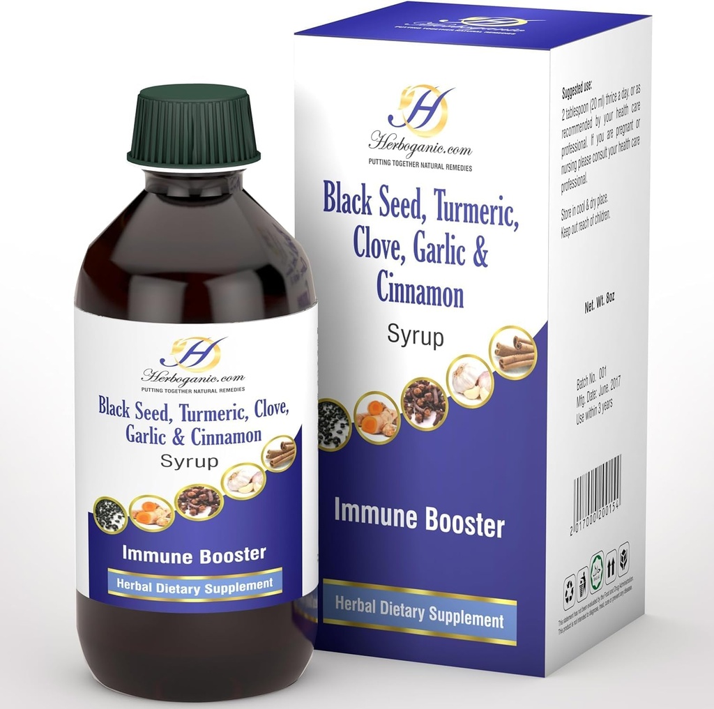 Elderberry Free Immune Dukung Syrup for Kids and Adults - Perfect Blend of Organic Black Seed, Turmeric, Clove, Cinnamon & Garlic - Toddler Immune Booster Tanpa Organic Elderberry Syrup