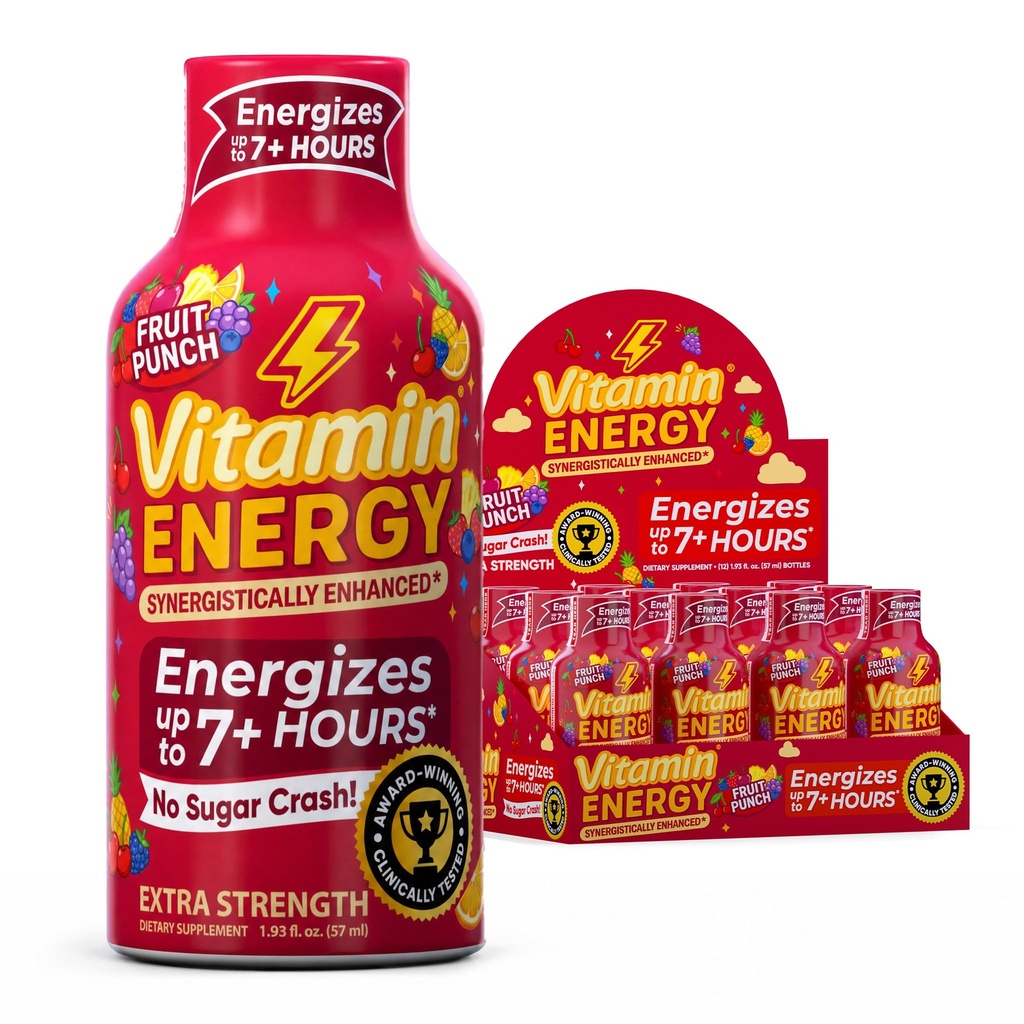 Vitamin Energy Immune + Extra Energy Shot Fruit Punch 12 Pack, 260mg Natural Caffeine, B-Vitamin, Citicoline, Green Tea, Imunity & Focus Dukungan, Zero Sugar, Gluteng-Free 1.93 fl oz