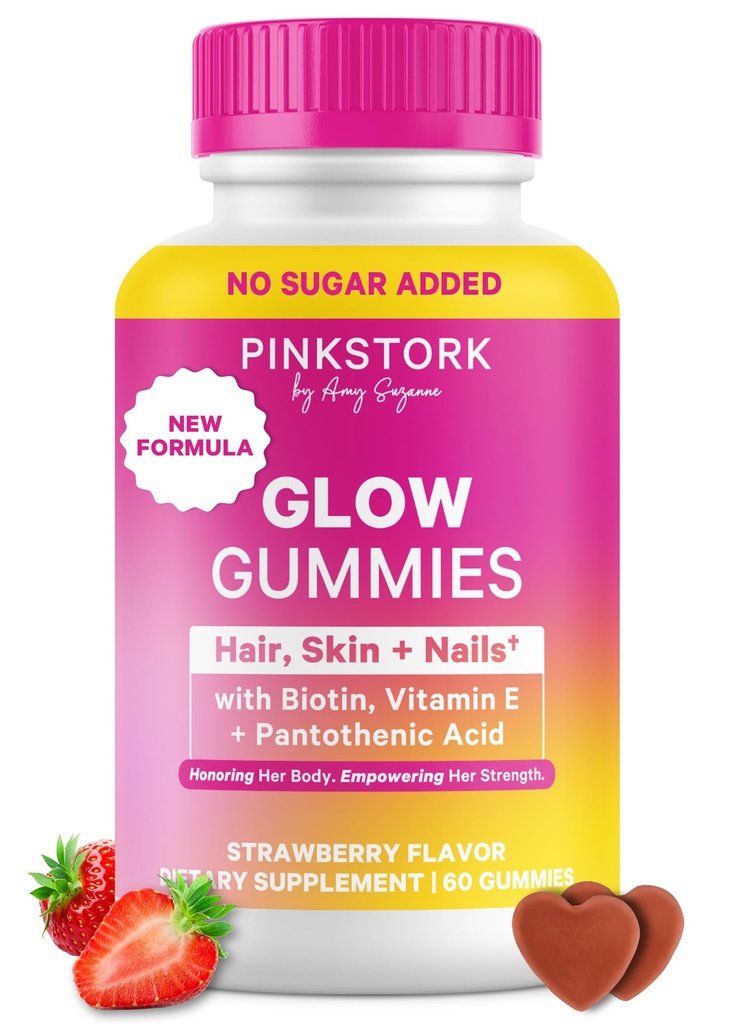 Pink Stork Total Glow Gummies for Women - Hair, Skin & Nails Vitamin with Biotin, Vitamin A, B6, B12, Folate, Zinc & More - Dukungan untuk Radiant Skin, Strong Nails, dan Rambut Berat - 60 Berry Gummies