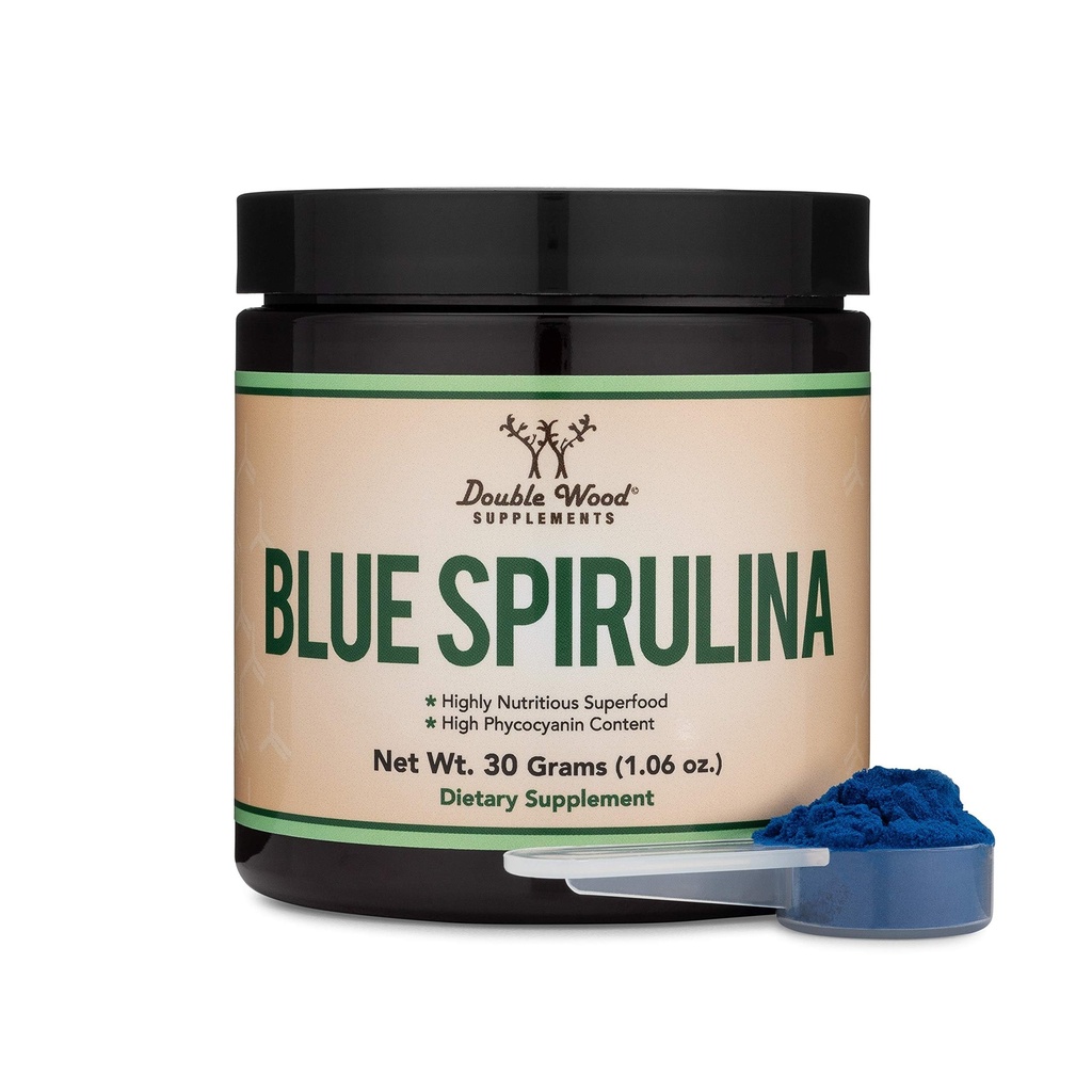 Blue Spirulina Powder - Maksimum 35% Phycocyanin Content, Superfood Powder from Blue- Green Algae, Mixes into Smoothies and Protein Food Cooling (One Month Suppply) by Double Wood