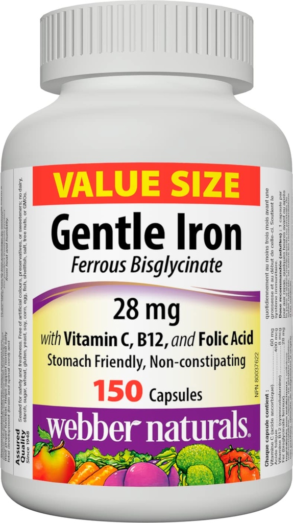 Webber Iron Suplemen Lembut dengan Vitamin C, B12 dan Acid Folic, 28 mg, 150 Kapsul, Stomach- Friendly, Non-Constipating, Membantu Mencegah Deficient Anemia Besi