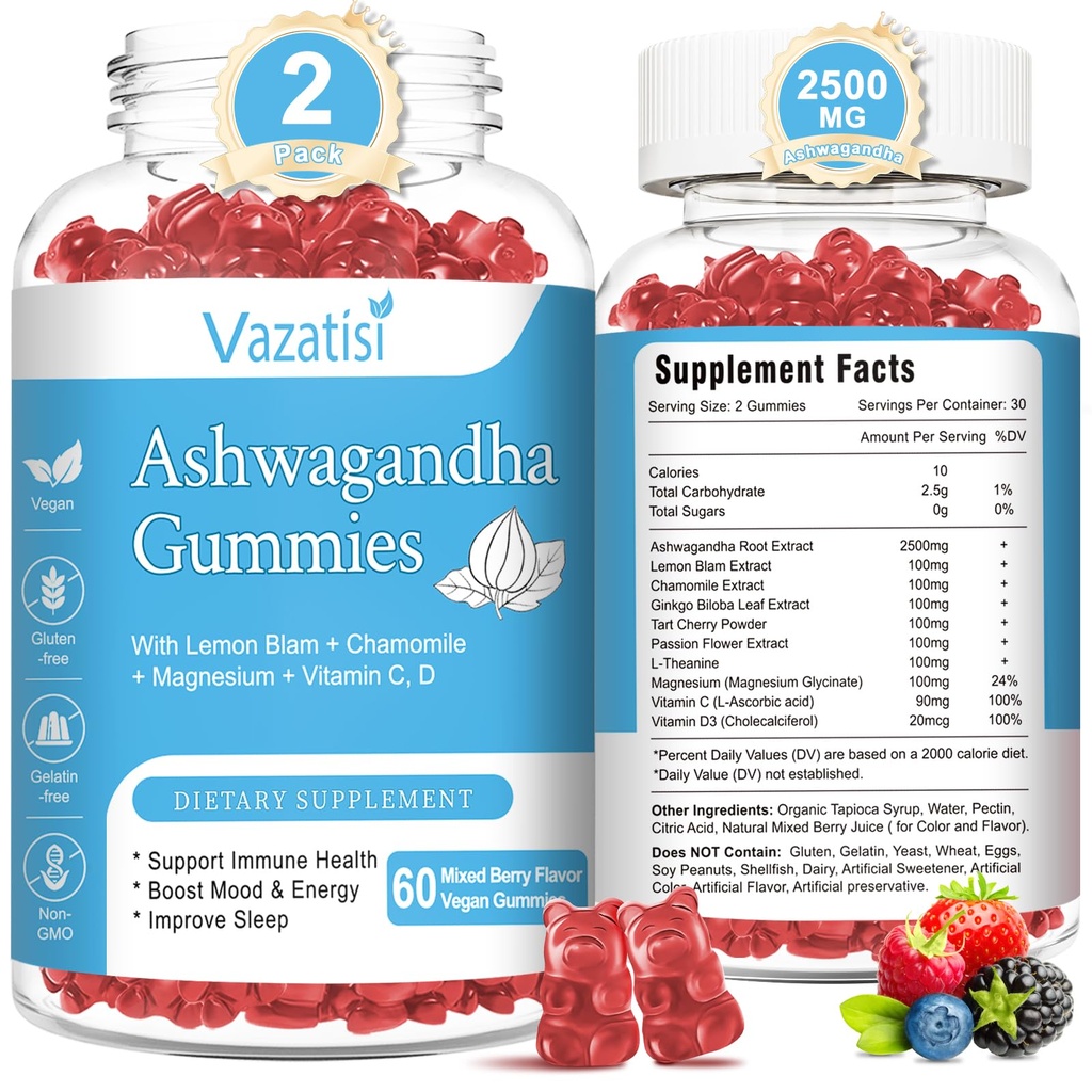 2 Pack Ashwagandha Gummies for Women Men, Sugar Free Organic Ashwagandha Supplemen untuk Tenang Keseimbangan, Vegan Gluten Bebas, 120 Cacah