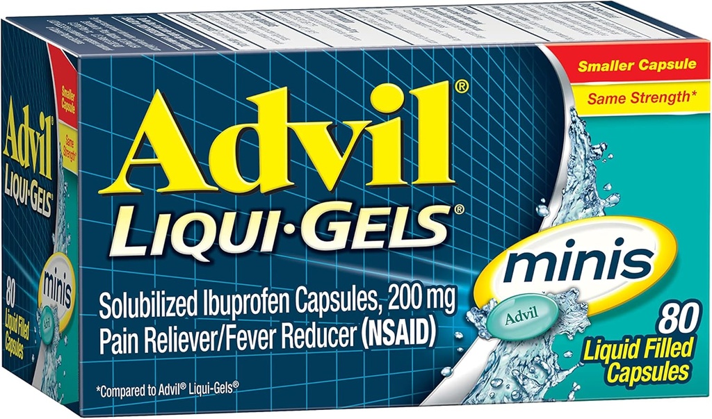 Advil Liqui- Gels Minis Pain Reliever and Fever Reducer, Suin Medicine for Adults with Ibuprofen 200mg for Pain Relief - 80 Liquid Filed Falled Kapsul