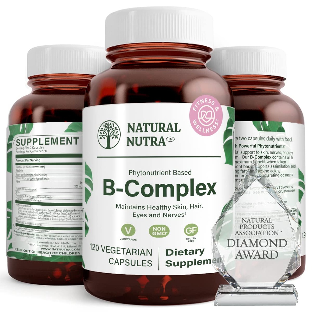 Natural Nutra Vitamin B Complex with Niasin, Folate, Thiamin, Biotin, Support Nervous System Health, Promotes Metabolisme, Skin, Eyes and Hair Health, Whole Food Suppplemen, 120 Vegetarian Capsules