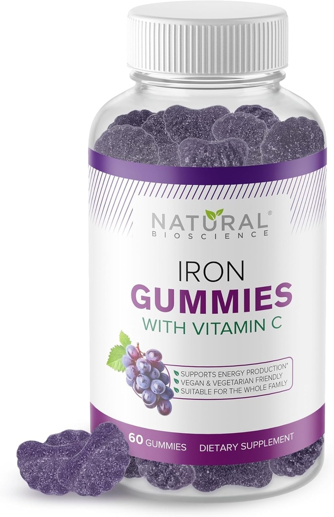 Iron Gummies with Vitamin C - Chewable Iron Suplement for Dewata & Kid, Iron Deficiency Anemia, Red Blood Cell Support, Energy, Imune Fungsi, Kesehatan Otak, Max Absorpsi, 60 Vegan Gummies