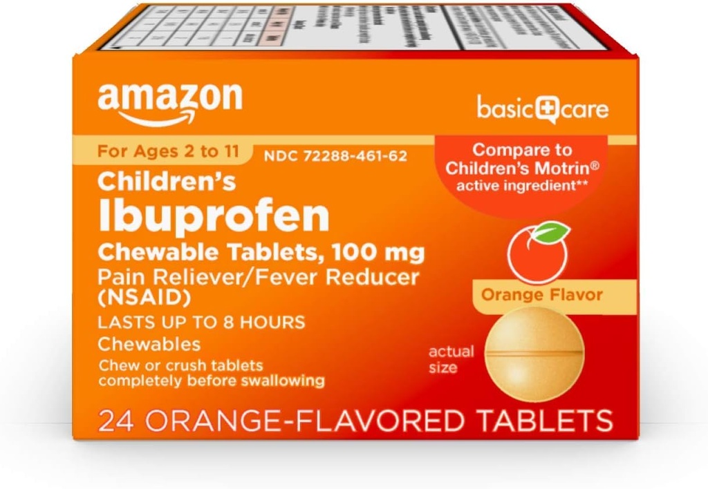 Dasar Anak Perawatan Ibuprofen Tablet Chewable, 100 mg, Reliver Sakit dan Demam Reducer, Orange Flavor, For Aches, Pains, Sore Throat, Toothache and Headache Relief, 24 Count