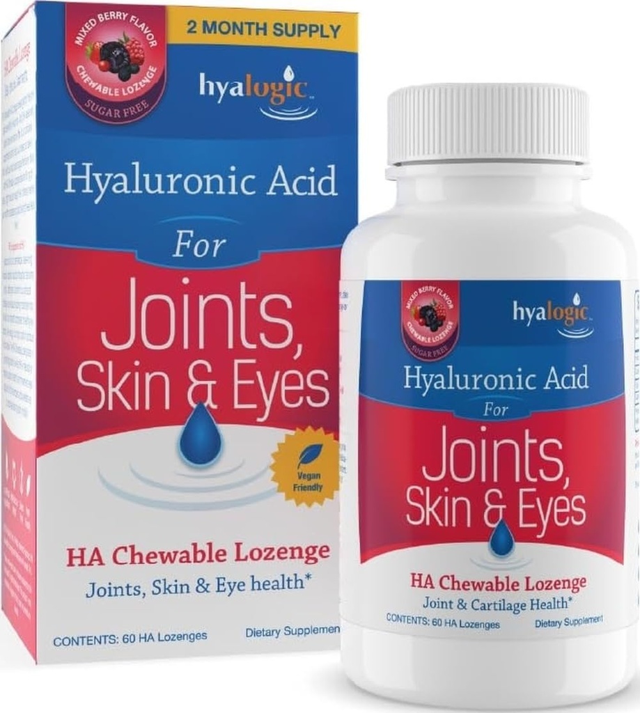 Hyaleg Hyaluronic Acid Chewable Lozenge - Tablets yang dikunyah untuk Skin Care & Eyes - Vegan, Sugar- Free dan Berry Favorit Acids Hyaluronic (60 Count)