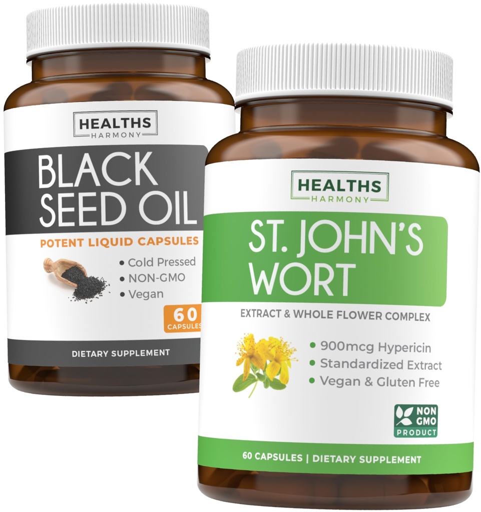 Black Seed Oil & St. John 's Welt (1 - Bulan Supply) Serene Blend Bundle of Black Seed Oil (60 Capsules) Cold- Menekan Nigella Sativa & St. John' s Welt (60 Capsules) dengan powerful 900mcg Hypericin