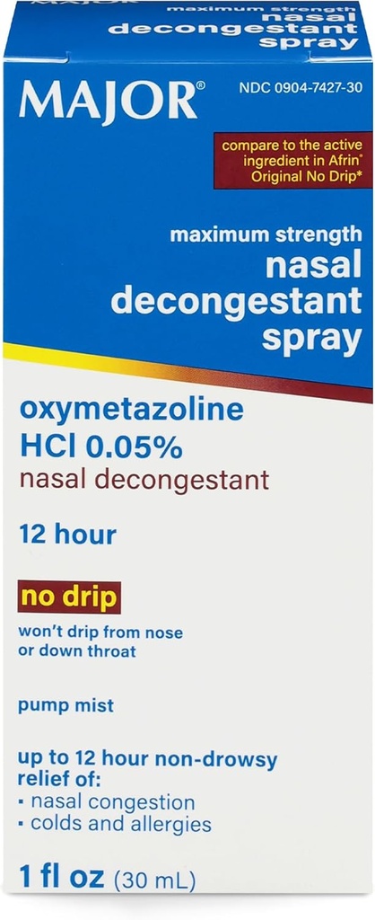 MAJOR Maximum Power Nasal Decongestant Spray, Oxymetazooline HCl 0.05% Pompa Mist, Non-Drowsy Nasal Spray, hingga 12-Hour Relief dari Nasal Conbuffes, Colds, dan Allergies 1 Fl. Oz. (1-Pack)