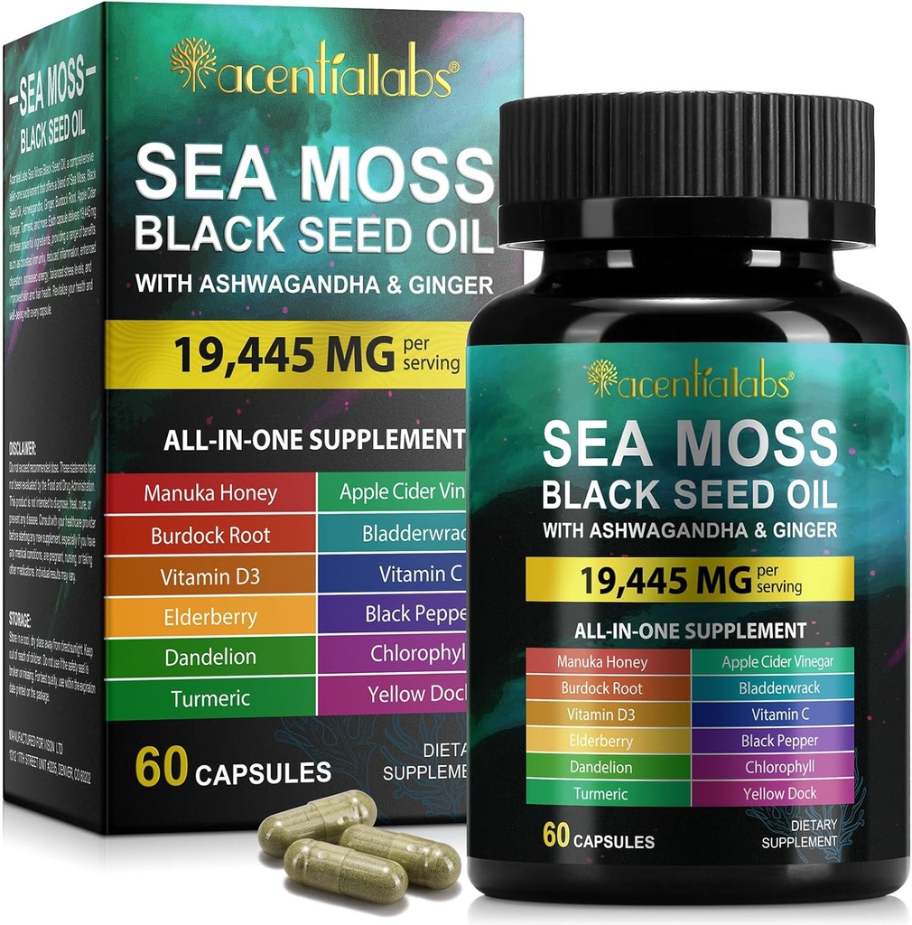 Sea Moss Black Seed Oil, Sea Moss Black Seed Oil Ashwagandha Ginger Capsules with Vitamin Bladderwrack, Burdock Root and More, 60 Kapsul