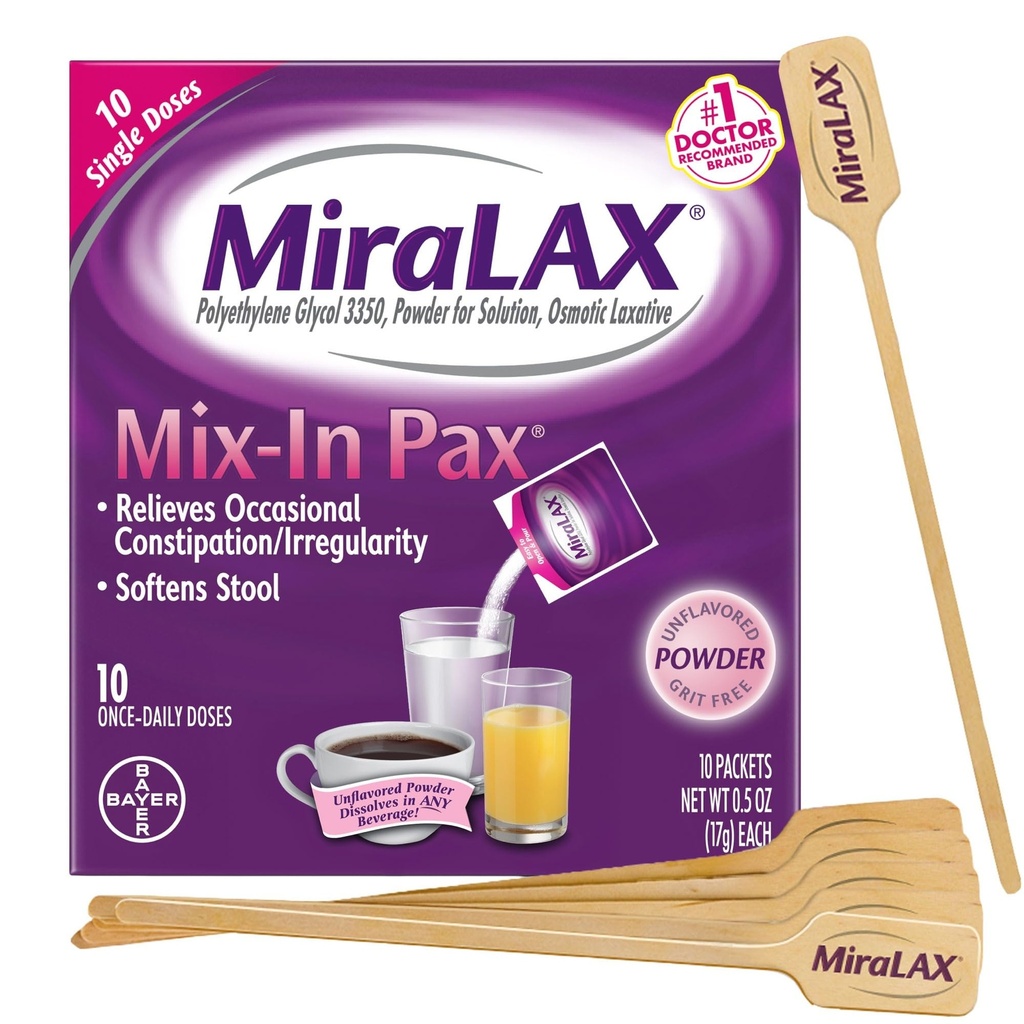 MiraLAX Constipation Relief Laxative Powder, Stool Softtener dengan PEG 3350, Efek Sisi Harsh, Tunggal Dosa Mixinx dengan Mixing Stirrers, Travel Pack, 10 Dose