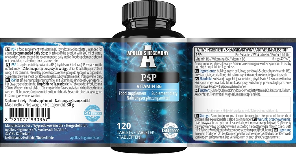 Pyridoxal-5-Fosfat (P-5-P) 50 mg per Tablet - 120 Vegan Tablet - Supply for 480 Servings - Supports Nerve and Psychological Functions -Vitamin B6 Diet Supplemen - by Apollo 's Hegemony