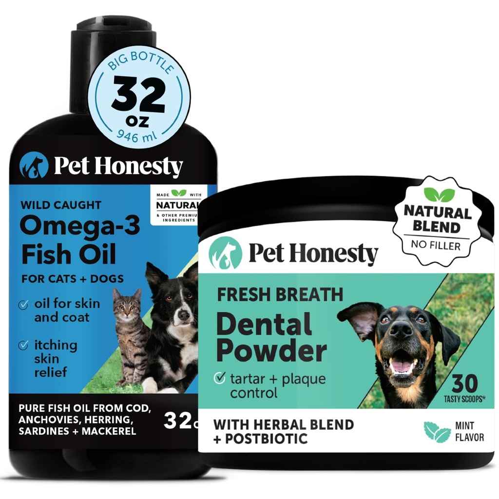 Omega-3 Minyak Ikan untuk Dogs + Dental Powder untuk Pembersih Gigi & Plaque Removal, Promotes Sehat Skin, Coat & Imune Dukungan