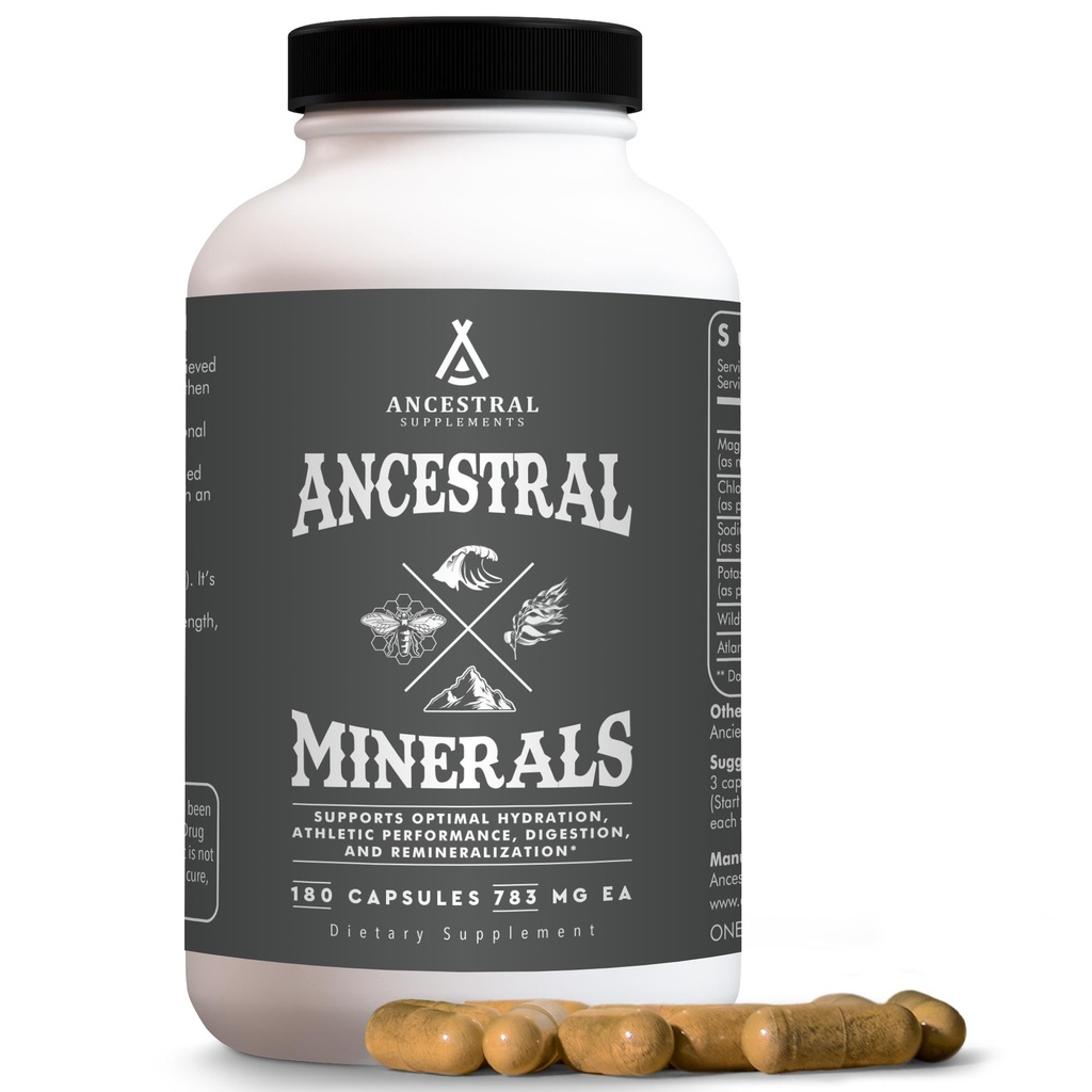 Suplemen Ansestral Mineteral & Electrolytes dengan Magnesium, Potasium, Sodium, Menyediakan Hidration Optimal, Kesehatan Ammune, Performa Atletik, Ditraffic, dan Rememialisasi, 180 Capsules