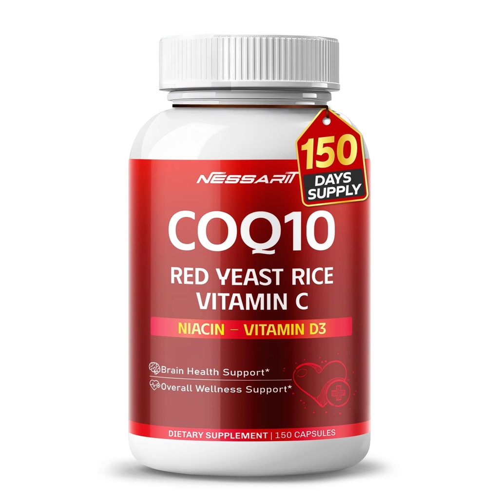 COQ10 + Red Yeast Rice Supplement - 10-in- 1 Natural B3 Vitamin Omega 3, K2, D3, Zinc Milk Thistle Black Pepper - 150 Count - Dibuat & Testing di USA