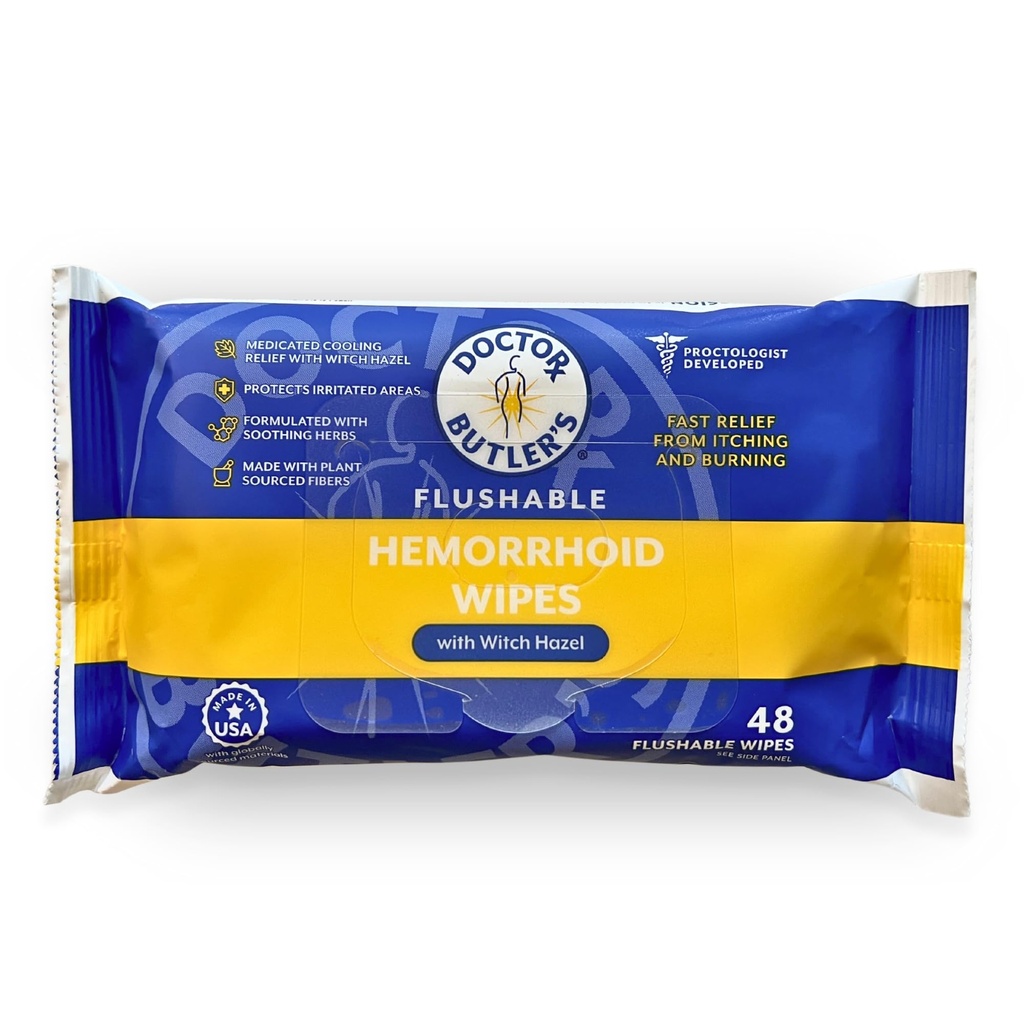 Doctor Butler 's Fluusrible Heemorhoid Wipes - Wipes fluussible with Witch Hazel to Soothe and Bring Relief from Discomfortable Associated with Hebribrihoid (48 Wipes)