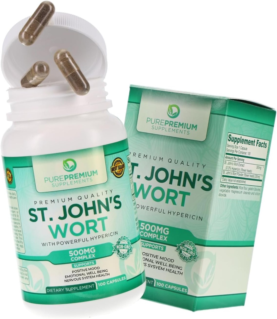 Premium murni St Johns Welt Capsules 500mg - Mood Dukungan Suplemen - Herbal & Natural Normal Stress Suplemen - St John Welt Dukung Positif Mood untuk Pria & Women - 3 Bulan Suppply - 100 Kapsul